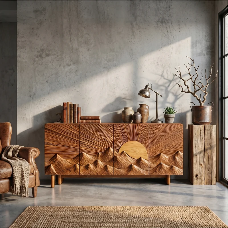 Spry Interior Contemporary Landscape Sideboard with Sculptural Carved Wood Doors, Artistic Living Room Buffet Credenza - SINLSASC517