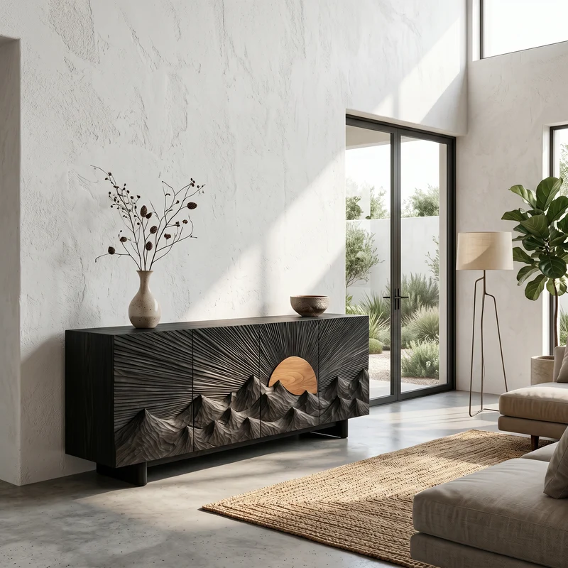 Spry Interior Contemporary Landscape Sideboard with Sculptural Carved Wood Doors, Artistic Living Room Buffet Credenza - SINLSASC517