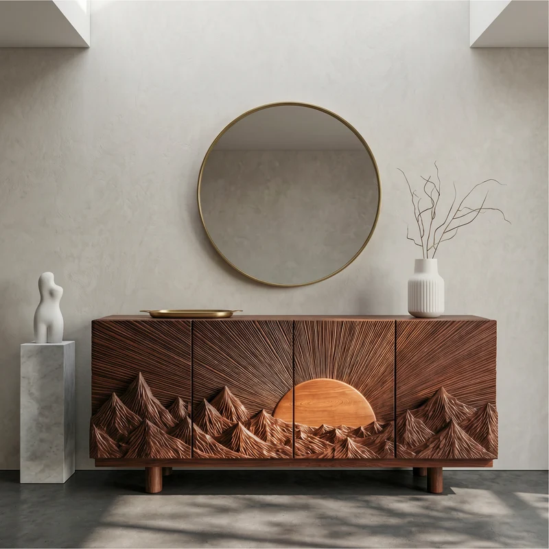 Spry Interior Rustic Mountain Sunrise Storage Cabinet with Carved Wood Doors, Landscape Accent Buffet Credenza for Living Room - SINLSASC516