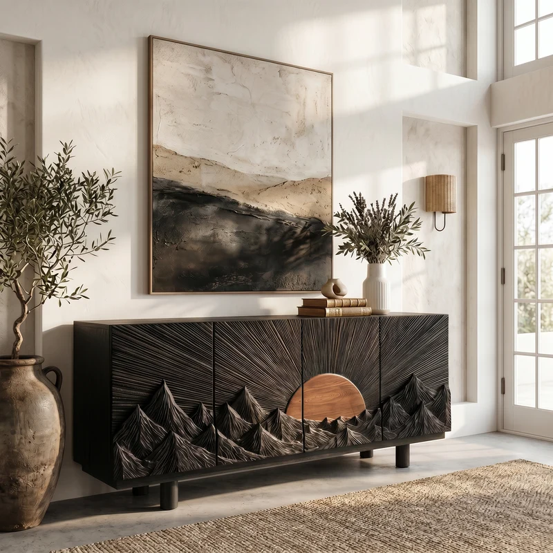 Spry Interior Rustic Mountain Sunrise Storage Cabinet with Carved Wood Doors, Landscape Accent Buffet Credenza for Living Room - SINLSASC516