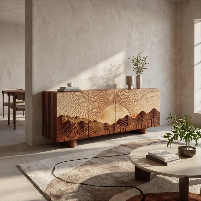 Spry Interior Rustic Mountain Sunrise Sideboard with Carved Wood Doors, Landscape Art Buffet Credenza Console for Living Room - SINLSASC515
