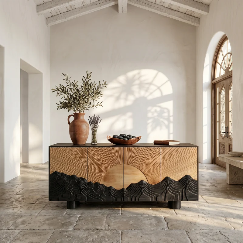 Spry Interior Rustic Mountain Sunrise Sideboard with Carved Wood Doors, Landscape Art Buffet Credenza Console for Living Room - SINLSASC515