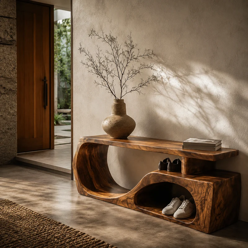 Spry Interior Contemporary Bench with Curved Open Shoe Storage, Handcrafted Solid Wood Entryway Seating & Hallway Organizer, SINLKIRS119
