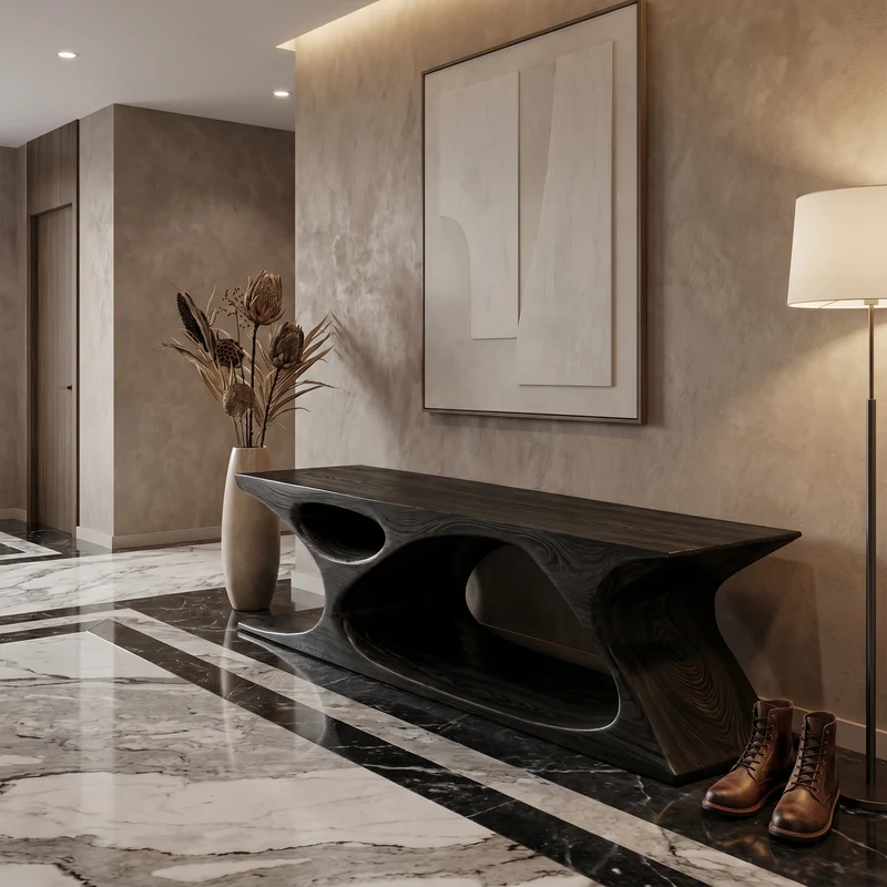 Spry Interior Modern Bench with Sculptural Open Base, Built-In Shoe Storage Rack, Handcrafted Solid Wood Foyer Entryway Seat, SINLKIRS117