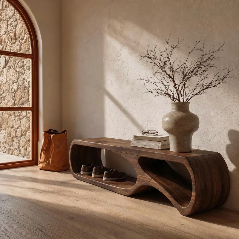 Spry Interior Sculptural Bench with Curved Open Storage Base, Handcrafted Solid Wood Entryway Shoe Organizer & Mudroom Seat, SINLKIRS115