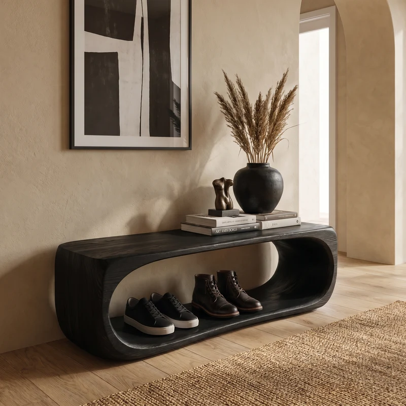 Spry Interior Organic Bench with Sculptural Curved Base, Open Storage Shelf, Handcrafted Solid Wood Entryway Seating Bench, SINLKIRS114