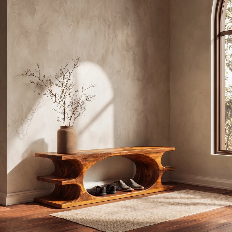 Spry Interior Organic Sculptural Wooden Bench with Flowing Curved Base, Solid Wood Hallway Seating & Living Room Accent Bench, SINLKIRS106