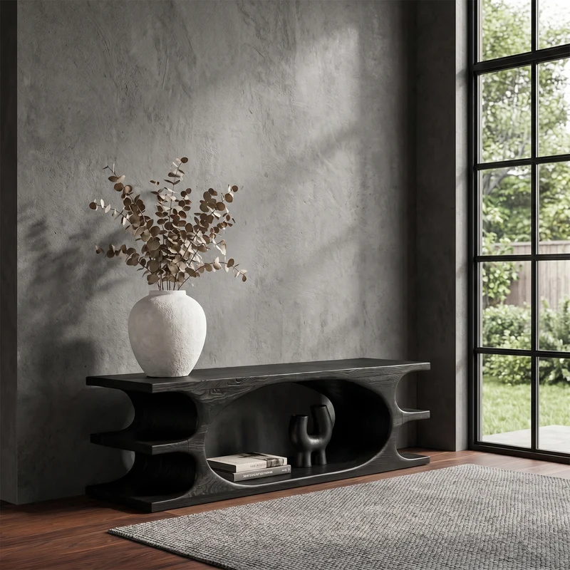 Spry Interior Organic Sculptural Wooden Bench with Flowing Curved Base, Solid Wood Hallway Seating & Living Room Accent Bench, SINLKIRS106