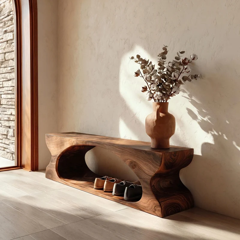 Spry Interior Modern Sculptural Wooden Bench with Organic Design, Solid Wood Seating for Entryway Foyer & Living Room Decor, SINLKIRS105
