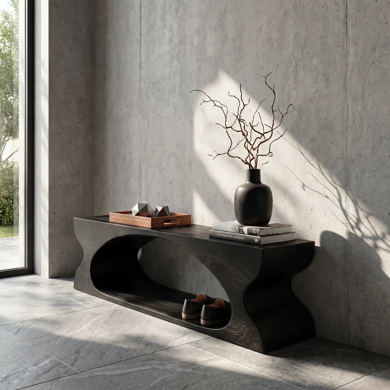 Spry Interior Modern Sculptural Wooden Bench with Organic Design, Solid Wood Seating for Entryway Foyer & Living Room Decor, SINLKIRS105