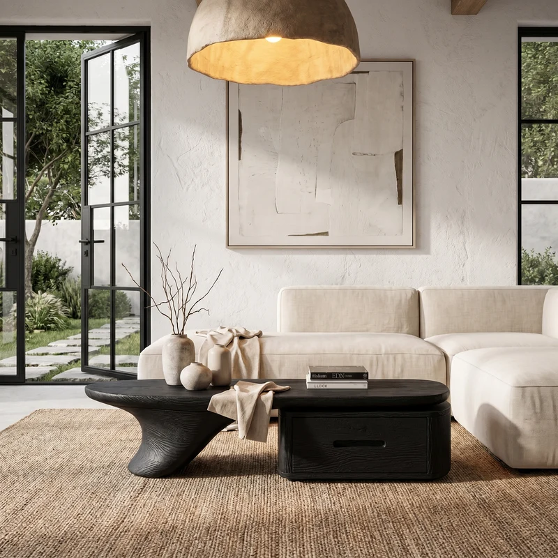 Spry Interior Modern Solid Wood Coffee Table with Built-In Storage Drawers, Contemporary Center Table for Living Room, SINLHACF373