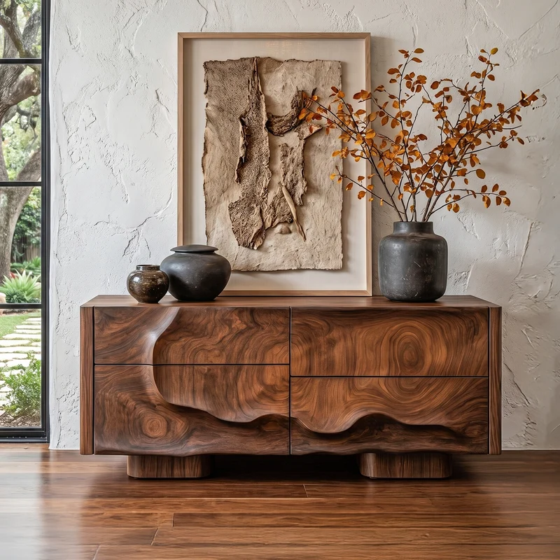 Spry Interior Rustic Organic Solid Wood Storage Cabinet, Handcrafted Carved Doors Accent Sideboard Credenza for Entryway & Home, SINLHASC514
