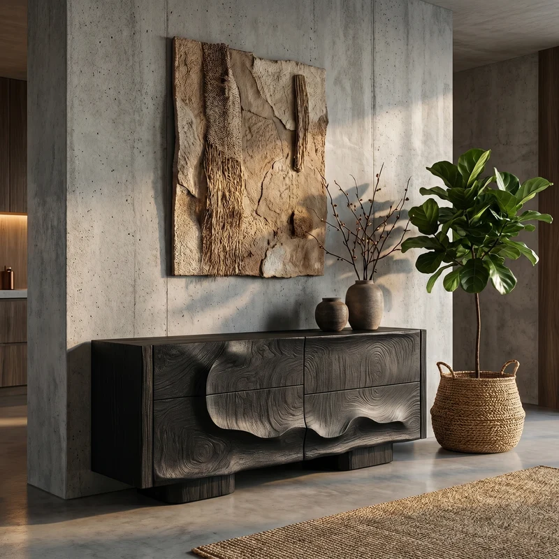 Spry Interior Rustic Organic Solid Wood Storage Cabinet, Handcrafted Carved Doors Accent Sideboard Credenza for Entryway & Home, SINLHASC514