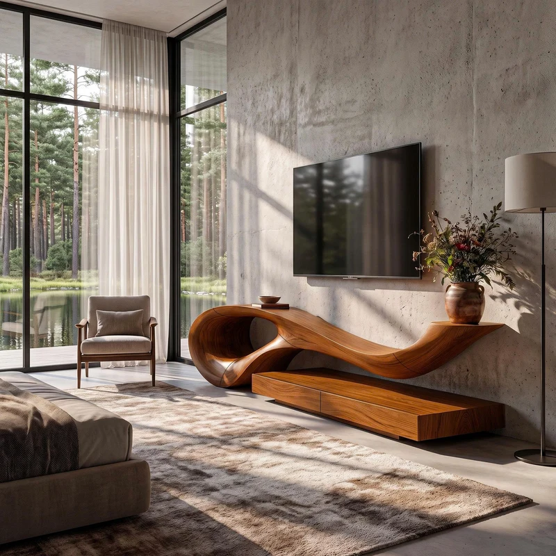 Spry Interior Sculptural TV Cabinet, Unique Flowing Curved Base Solid Wood Media Console, Modern Living Room TV Stand Credenza, SINLKITC036