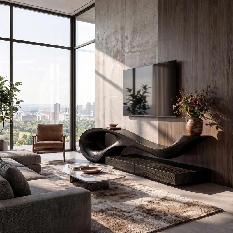 Spry Interior Sculptural TV Cabinet, Unique Flowing Curved Base Solid Wood Media Console, Modern Living Room TV Stand Credenza, SINLKITC036