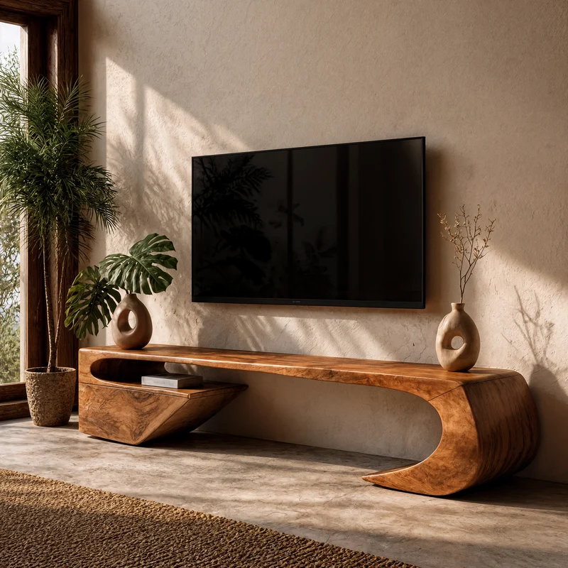 Spry Interior Japandi TV Cabinet with Sculptural Curved Wood Base, Solid Wood Media Console & Modern Minimalist TV Stand, SINLKITC035