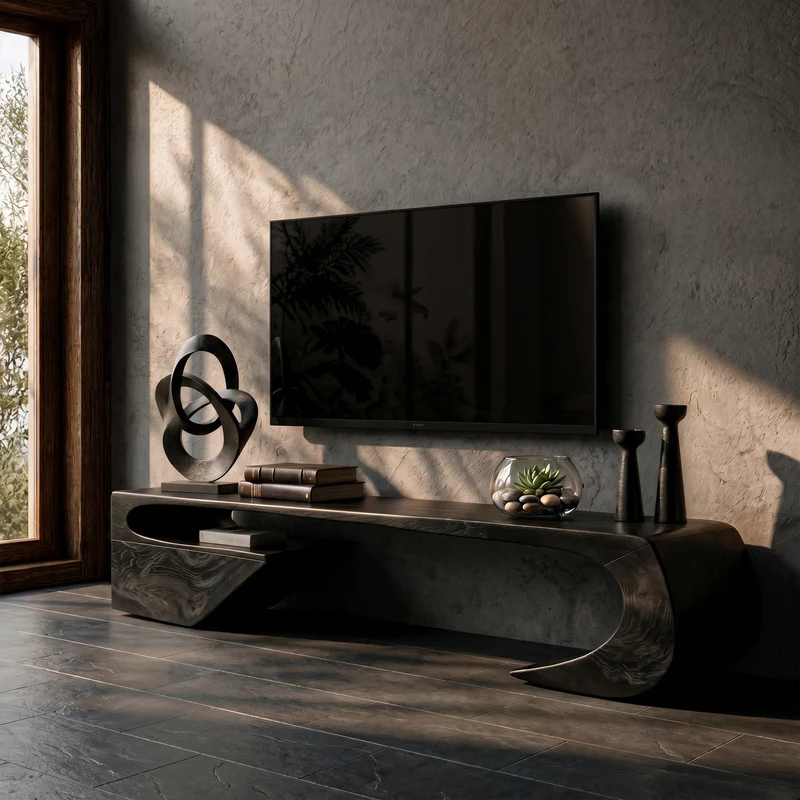 Spry Interior Japandi TV Cabinet with Sculptural Curved Wood Base, Solid Wood Media Console & Modern Minimalist TV Stand, SINLKITC035