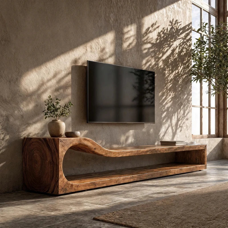 Organic TV Cabinet With Sculptural Wave Wood Base And Solid Wood Media Console For Living Room SINLKITC033