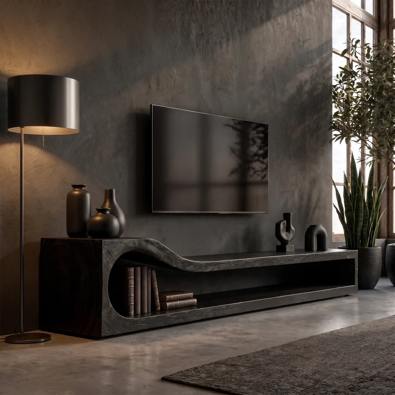 Organic TV Cabinet With Sculptural Wave Wood Base And Solid Wood Media Console For Living Room SINLKITC033
