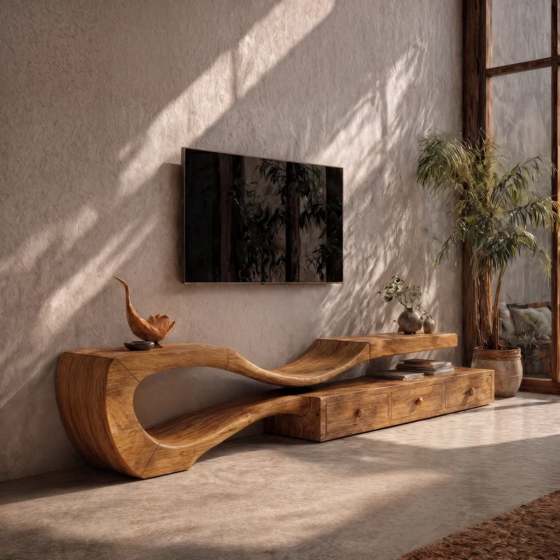 Spry Interior Modern TV Cabinet with Sculptural Curved Wood Base, Handcrafted Storage Drawers, Solid Wood Media Stand Credenza, SINLKITC031