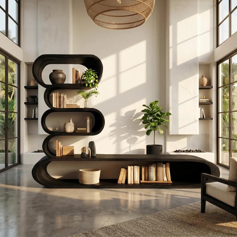 Spry Interior Organic TV Cabinet with Integrated Display Shelves, Modern Rounded Solid Wood Storage Media Center TV Stand, SINLHATC044