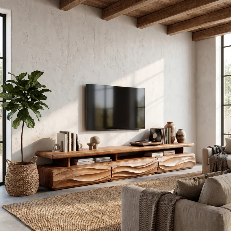 Spry Interior Rustic TV Cabinet, Open Storage Shelf & Wave Front Drawers, Solid Wood Living Room Entertainment Console Stand, SINLHATC042
