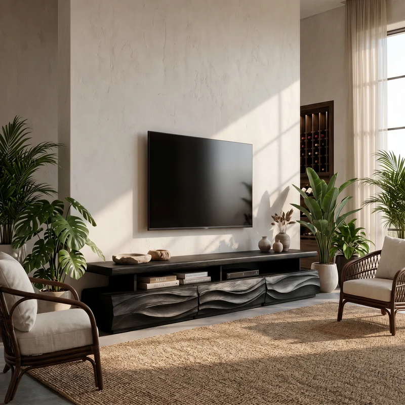 Spry Interior Rustic TV Cabinet, Open Storage Shelf & Wave Front Drawers, Solid Wood Living Room Entertainment Console Stand, SINLHATC042