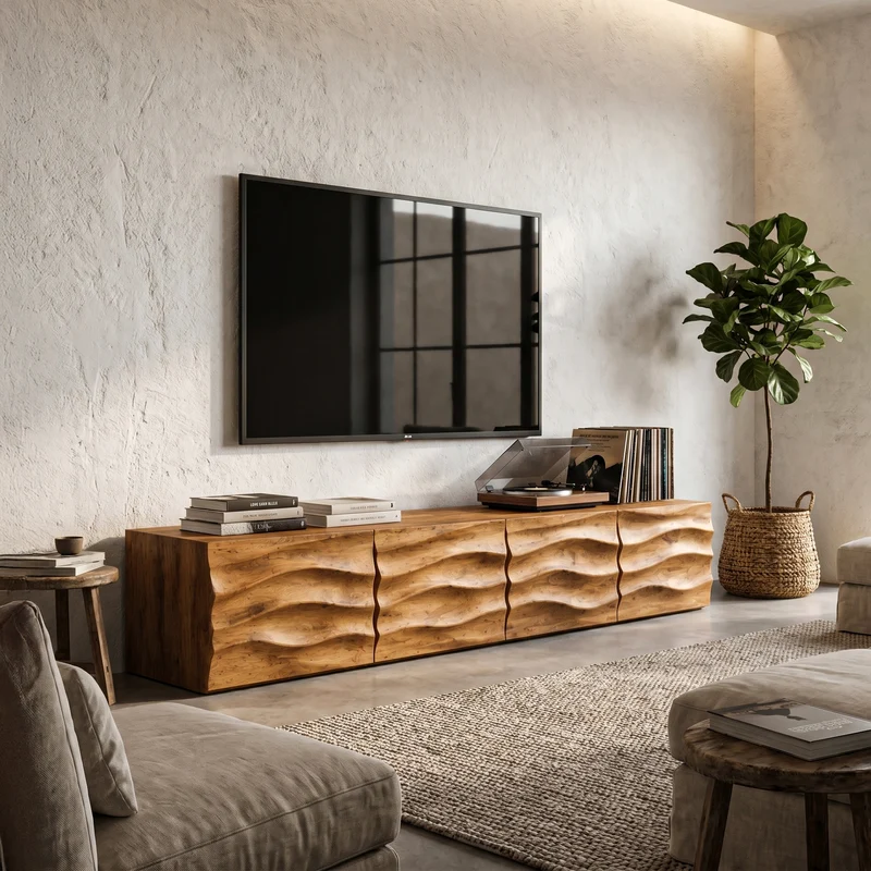 Spry Interior Organic TV Cabinet with Wave Front Doors, Built-In Storage Sideboard Credenza, Solid Wood Living Room TV Stand, SINLHATC041