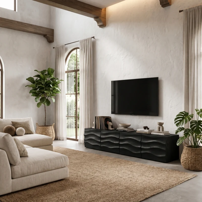 Spry Interior Organic TV Cabinet with Wave Front Doors, Built-In Storage Sideboard Credenza, Solid Wood Living Room TV Stand, SINLHATC041