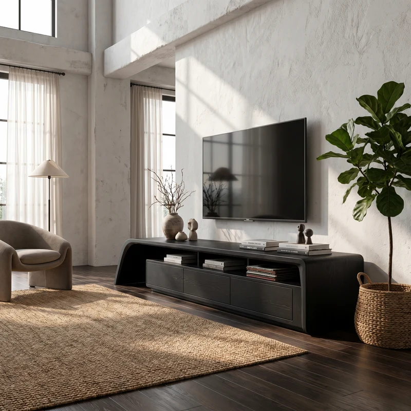 Spry Interior Modern TV Cabinet, Rounded Curved Edges Solid Wood Media Console, Built-In Storage Drawer Entertainment Stand, SINLHATC040