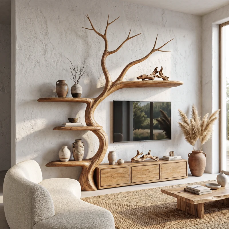 Spry Interior Rustic Tree Branch TV Cabinet, Integrated Display Bookshelves, Natural Wood Log Living Room Media Console, SINLHATC039