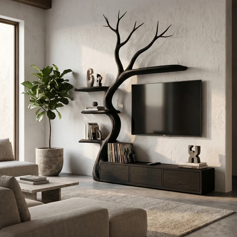 Spry Interior Rustic Tree Branch TV Cabinet, Integrated Display Bookshelves, Natural Wood Log Living Room Media Console, SINLHATC039