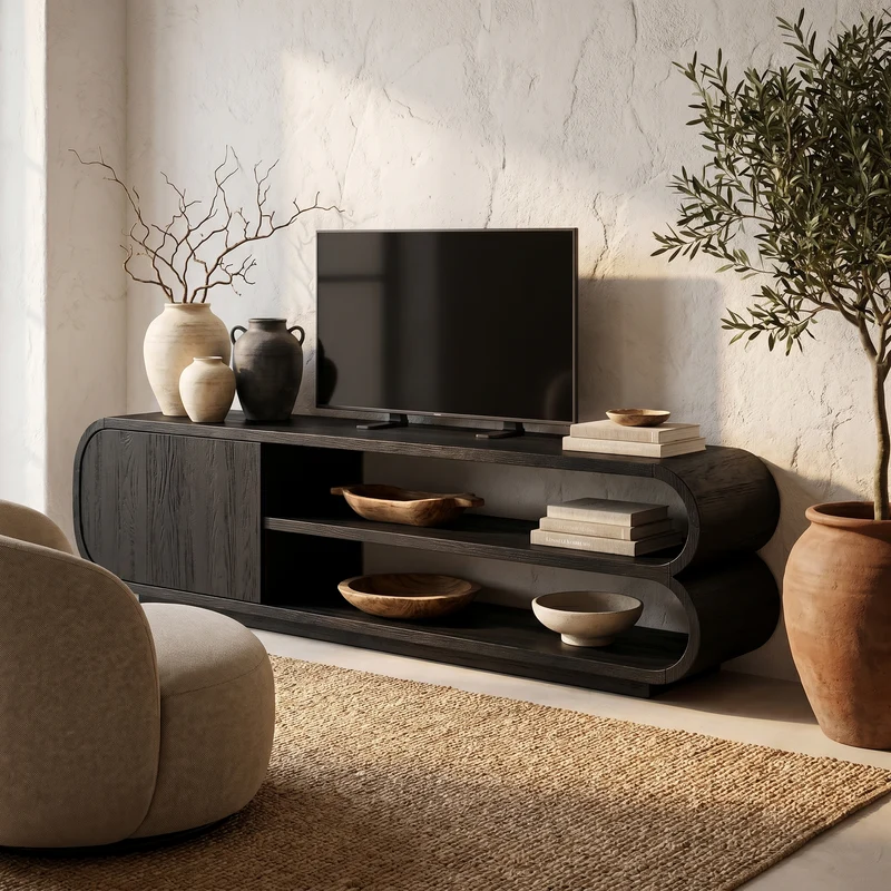 Spry Interior Contemporary TV Cabinet, Minimalist Open Storage Media Console, Solid Wood Low Profile Living Room TV Stand, SINLHATC038