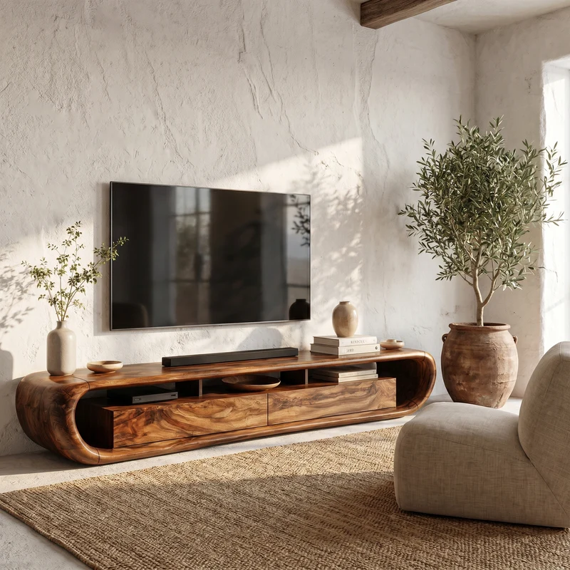 Spry Interior Organic TV Cabinet with Built-In Storage, Rounded Curved Edges Solid Wood Media Center Console for Living Room, SINLHATC037