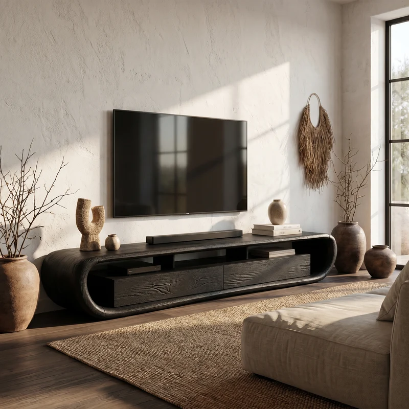 Spry Interior Organic TV Cabinet with Built-In Storage, Rounded Curved Edges Solid Wood Media Center Console for Living Room, SINLHATC037