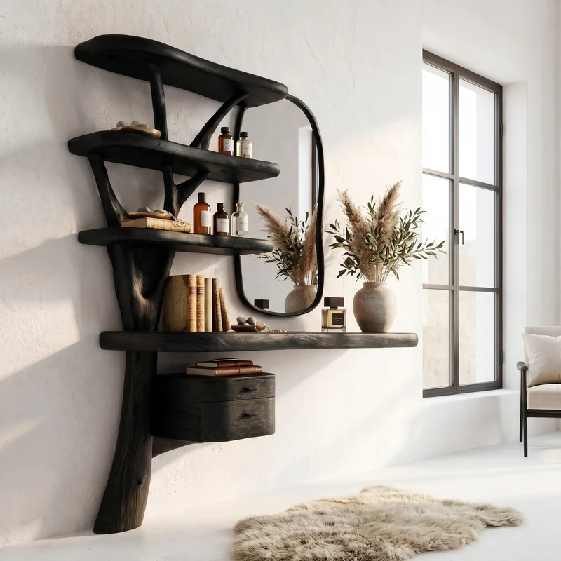 Spry Interior Sculptural Tree Vanity Desk, Unique Curved Wood Display Shelves Makeup Dressing Table, Solid Wood Bedroom Furniture, SINLSABDT075