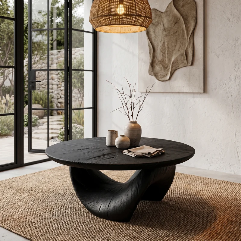 Spry Interior Organic Coffee Table with Sculptural Twisted Solid Wood Base, Unique Natural Center Table for Living Room, SINLHACF367