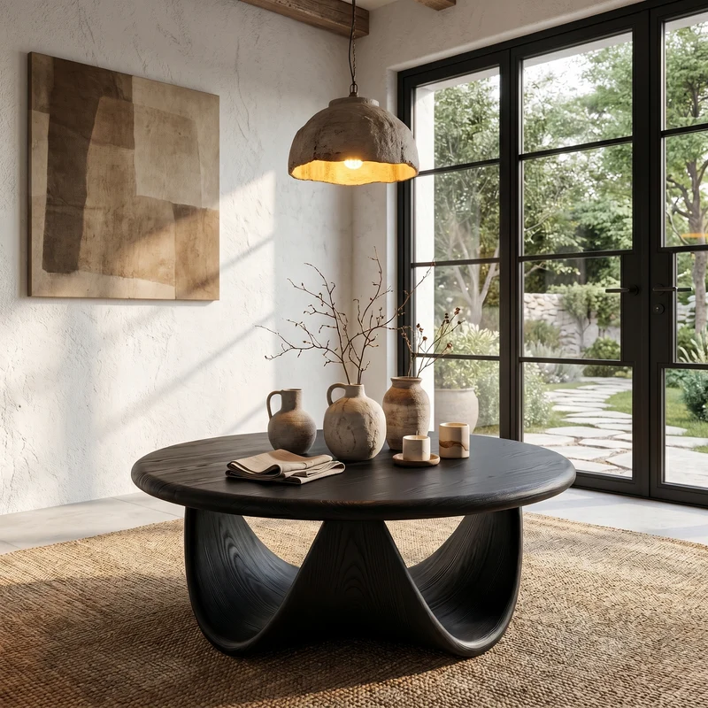 Spry Interior Modern Coffee Table with Sculptural Double Loop Wood Base, Abstract Art Center Table for Elegant Living Room, SINLHACF366