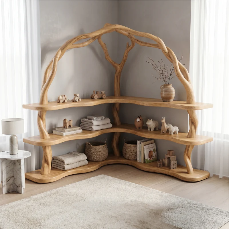 Spry Interior Organic Corner Bookcase with Natural Tree Branch Frame, Solid Wood Bookshelf for Living Room & Bedroom, SINLSABS016