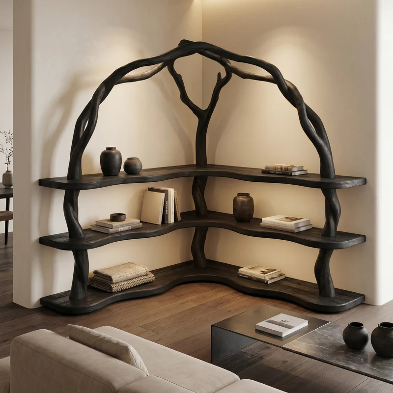 Spry Interior Organic Corner Bookcase with Natural Tree Branch Frame, Solid Wood Bookshelf for Living Room & Bedroom, SINLSABS016