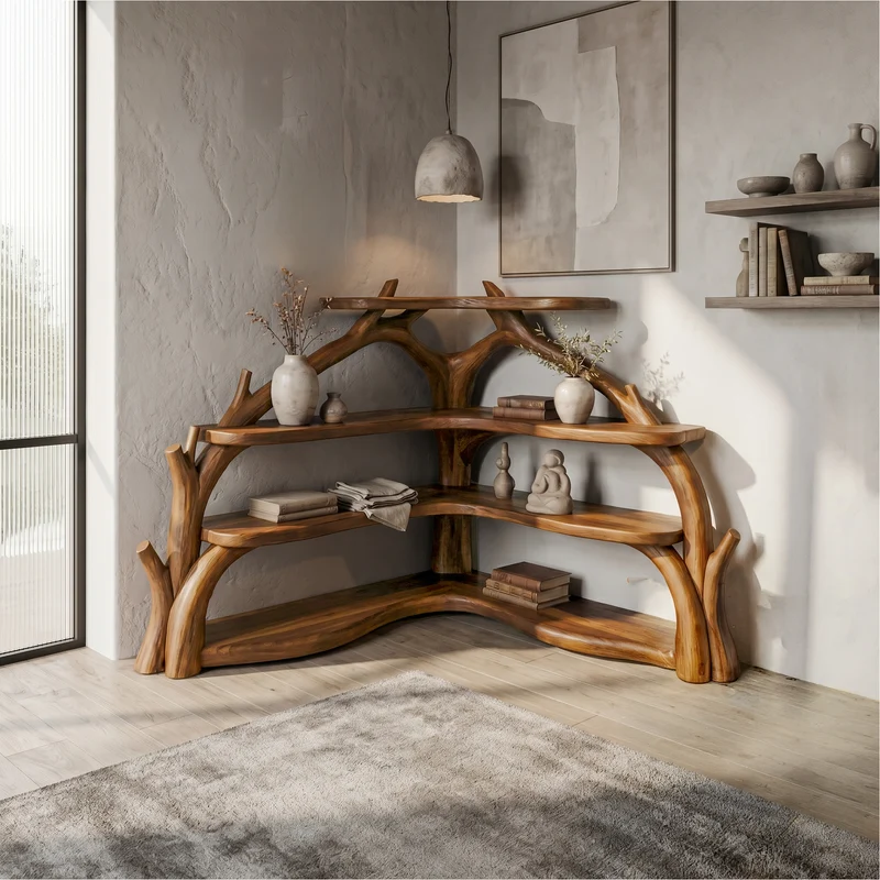 Spry Interior Sculptural Corner Bookcase with Natural Wood Branch Design, Unique Bookshelf Display for Living Room, SINLSABS015