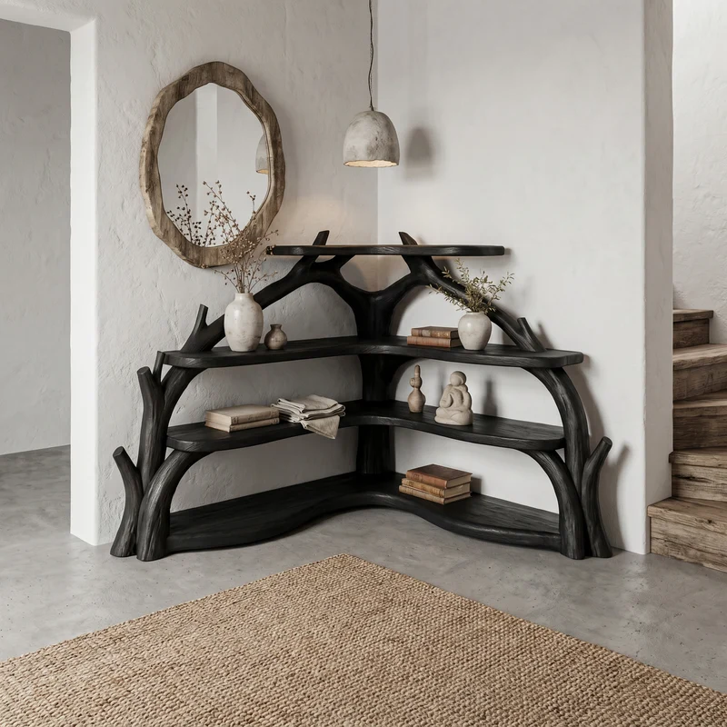 Spry Interior Sculptural Corner Bookcase with Natural Wood Branch Design, Unique Bookshelf Display for Living Room, SINLSABS015