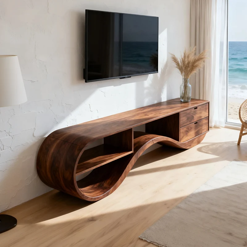 Spry Interior Minimalist Organic Wood TV Console, Mid-Century Modern Media Stand & Entertainment Center for Home Theater, SILDTTNTVC133
