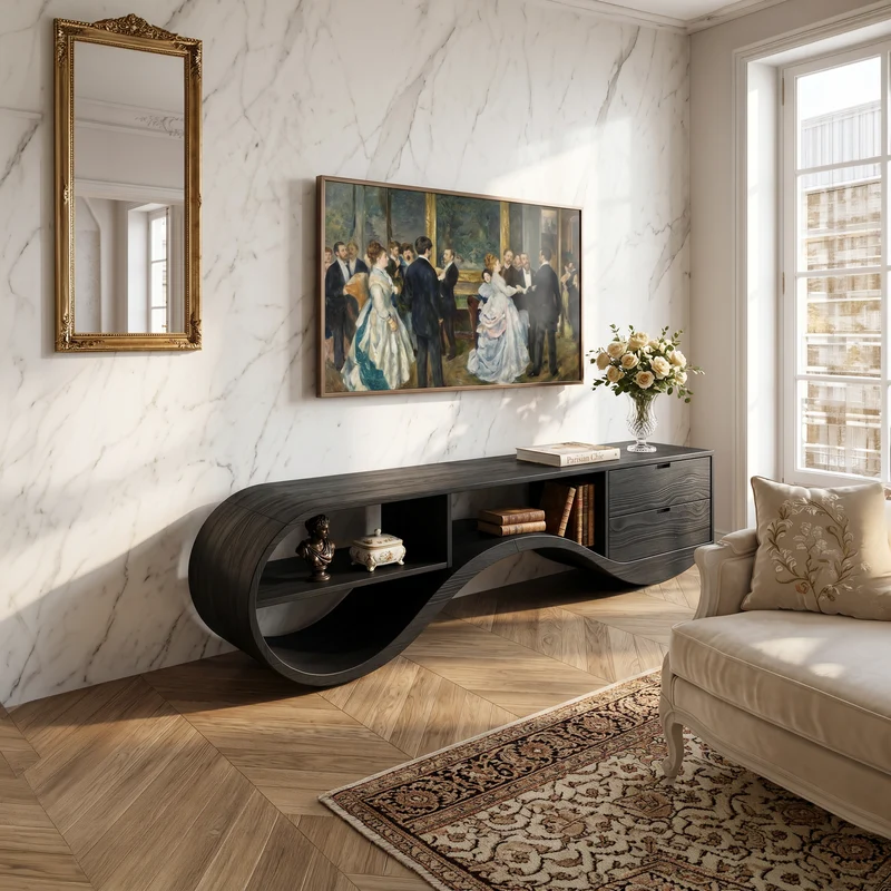 Spry Interior Minimalist Organic Wood TV Console, Mid-Century Modern Media Stand & Entertainment Center for Home Theater, SILDTTNTVC133