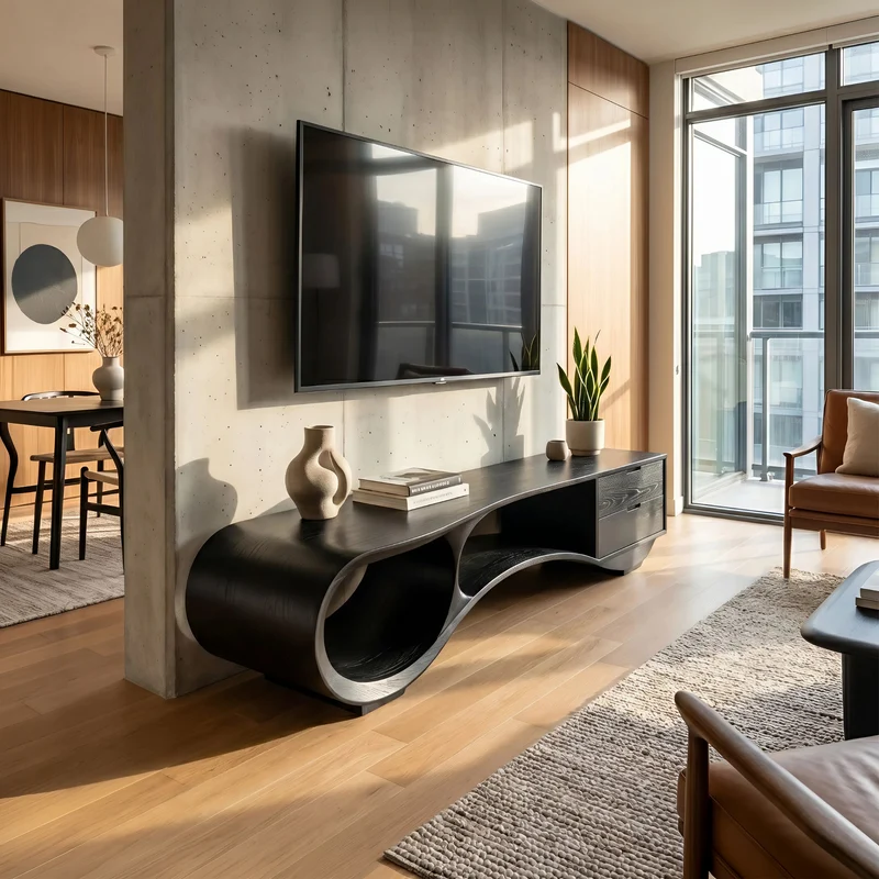 Spry Interior Mid-Century Streamline Wood TV Cabinet, Retro Entertainment Center Media Console for Lounge & Living Room, SILDTTNTVC129