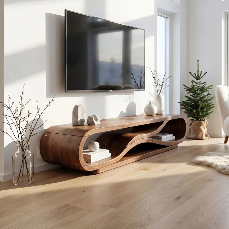 Spry Interior Modern Curved Wood TV Cabinet, Stylish Media Console Shelf & Entertainment Center for Living Room, SILDTTNTVC121