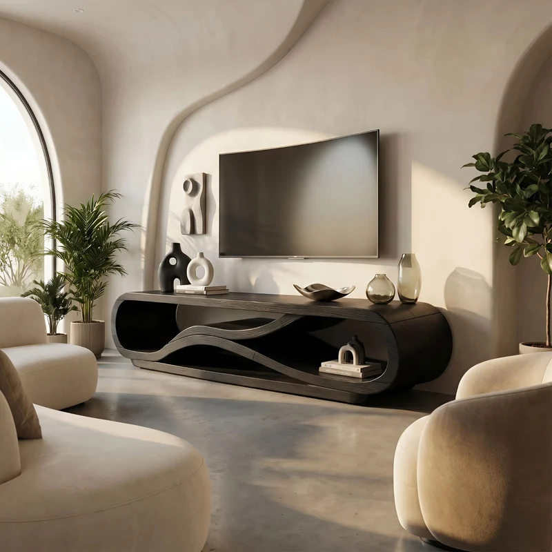 Spry Interior Modern Curved Wood TV Cabinet, Stylish Media Console Shelf & Entertainment Center for Living Room, SILDTTNTVC121