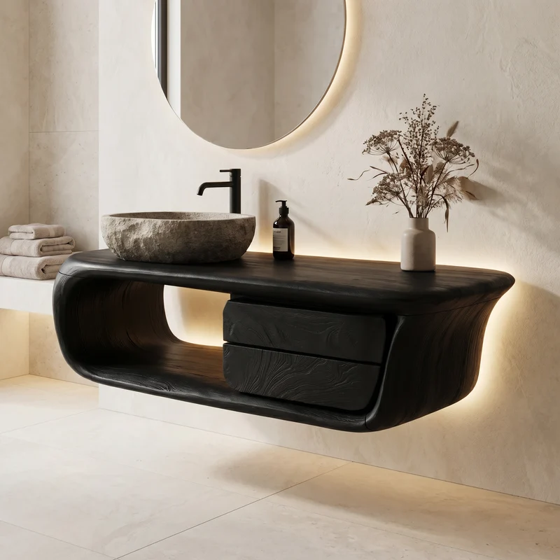 Spry Interior Floating Bathroom Vanity with Curved Wood Base, Wall Mounted Solid Wood Storage Drawer Sink Console, SINLKIBRV304