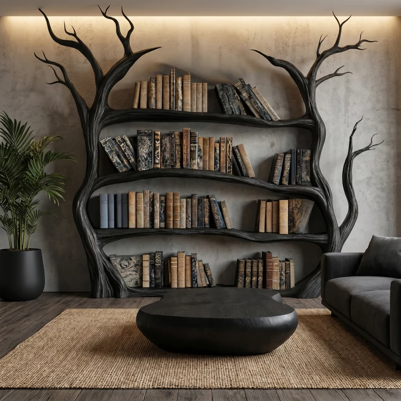Spry Interior Organic Modern Tree Bookcase, Handcrafted Solid Wood Branch Bookshelf & Display Rack for Bedroom, SINLSATB734