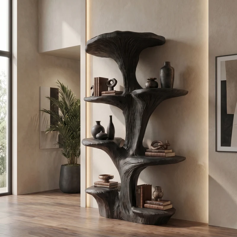 Spry Interior Rustic Sculptural Mushroom Bookshelf, Handcrafted Wood Floating Wall Storage Display for Living Room, SINLSATB730